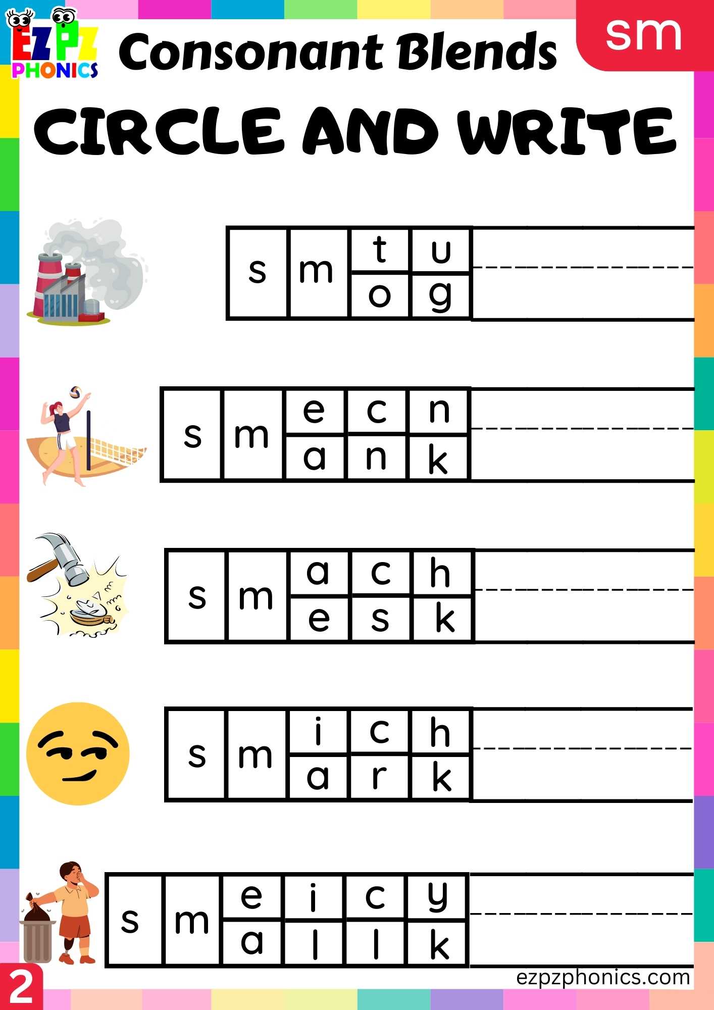 Group2 SM Words Circle And Write Phonics Consonant Blends Worksheet